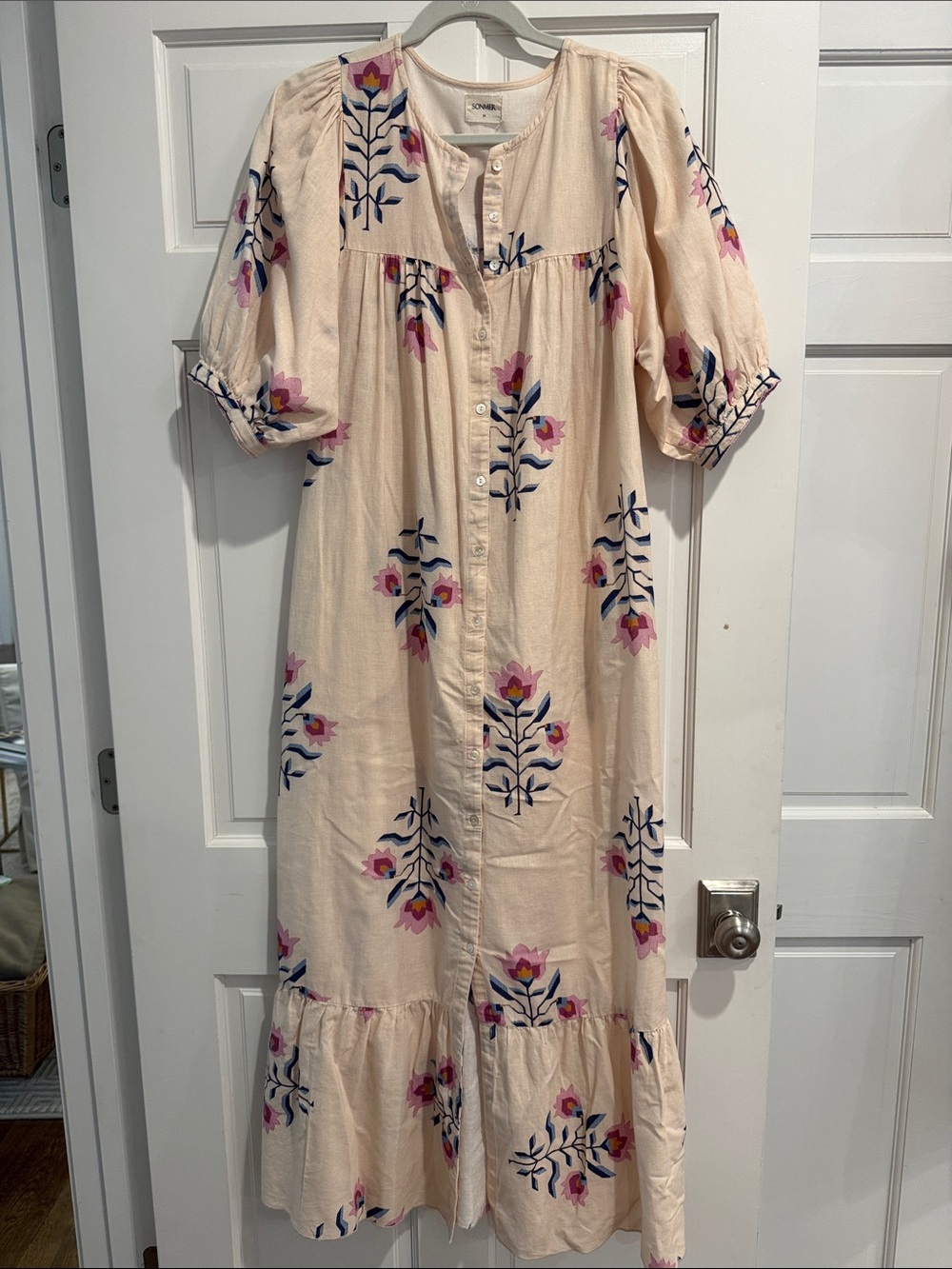 Cream Floral Button-Front Maxi Dress with Puff Sleeves